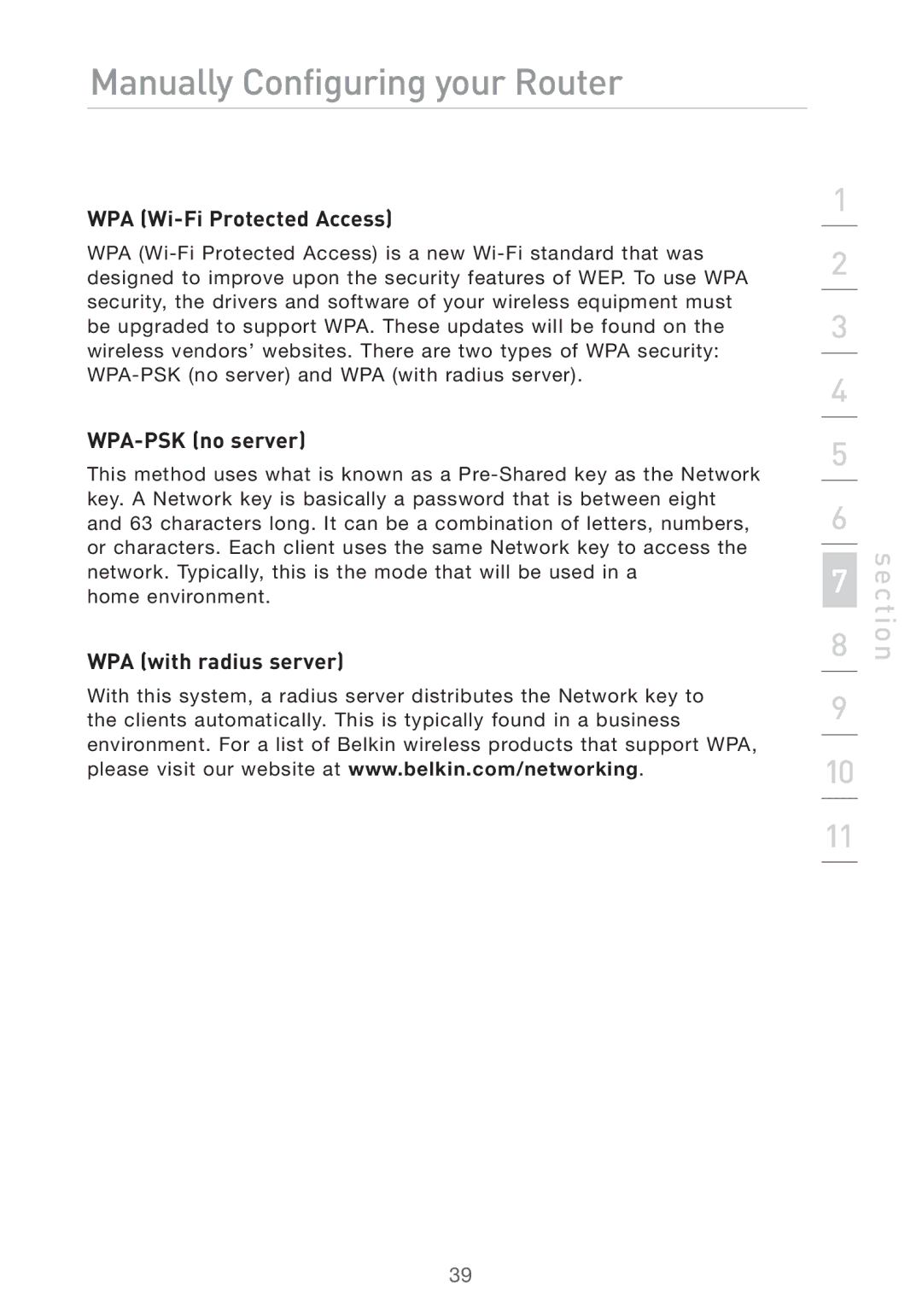 Belkin Pre-N manual WPA Wi-Fi Protected Access, WPA-PSK no server, WPA with radius server 