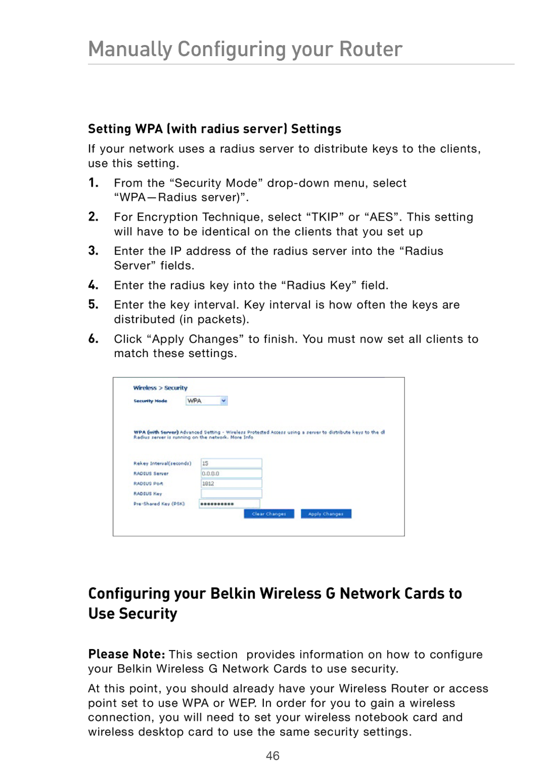 Belkin Pre-N manual Setting WPA with radius server Settings 