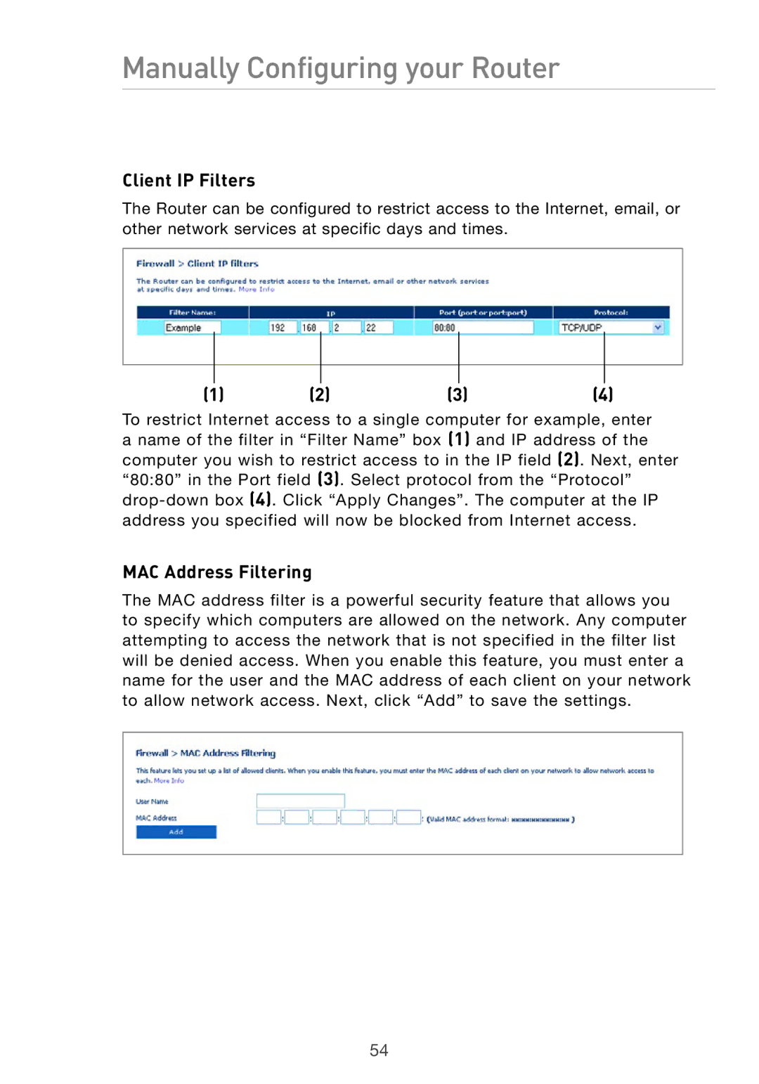 Belkin Pre-N manual Client IP Filters, MAC Address Filtering 