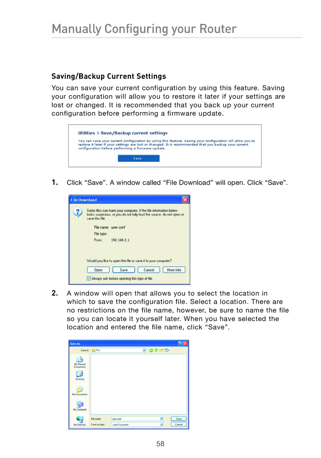 Belkin Pre-N manual Saving/Backup Current Settings 