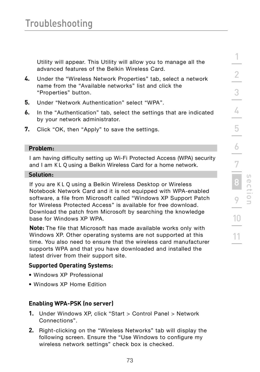 Belkin Pre-N manual Supported Operating Systems, Enabling WPA-PSK no server 