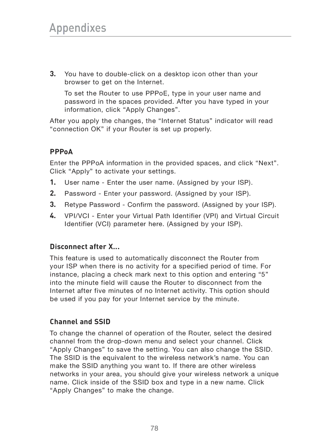 Belkin Pre-N manual PPPoA, Disconnect after, Channel and Ssid 