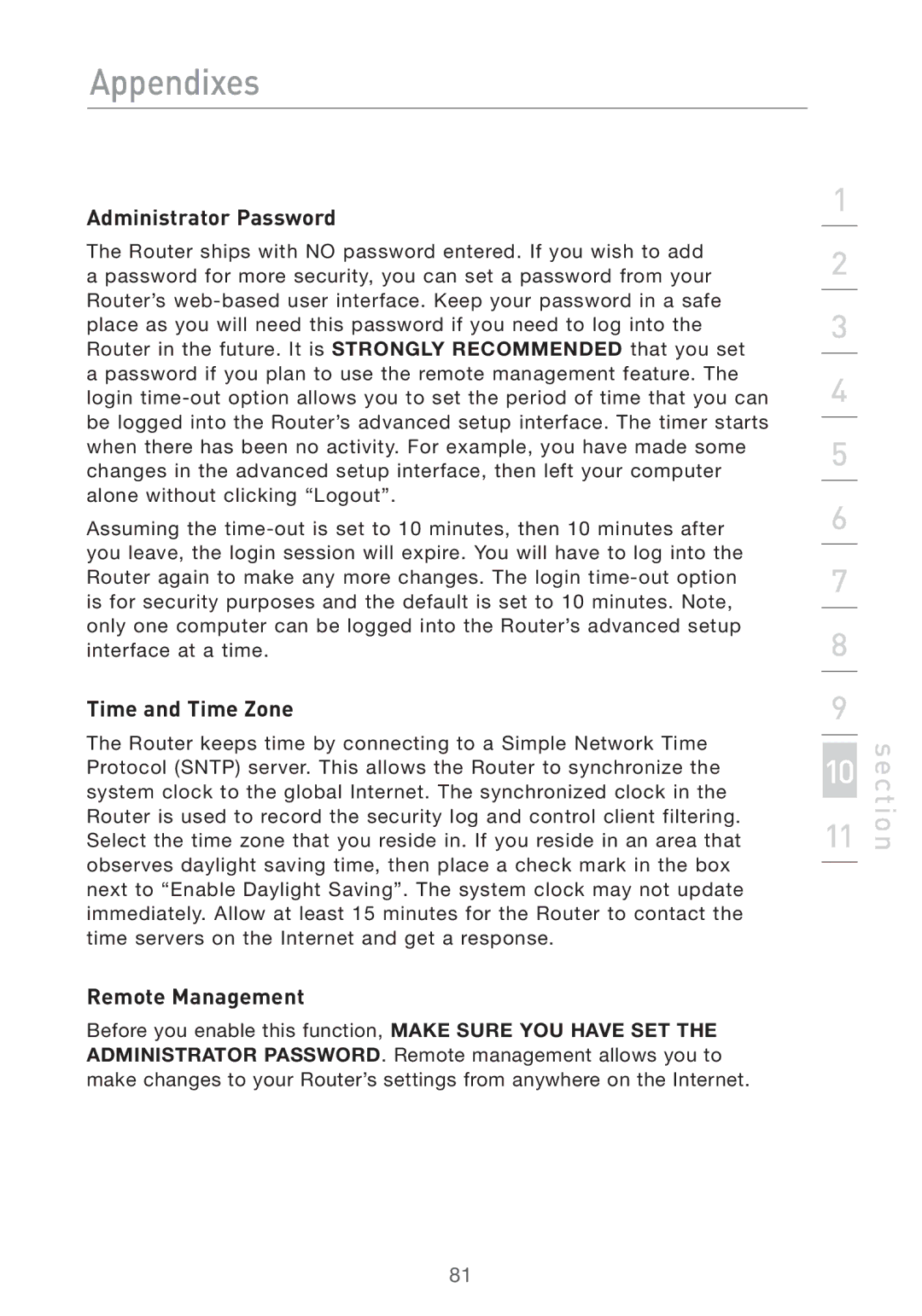 Belkin Pre-N manual Administrator Password, Time and Time Zone, Remote Management 