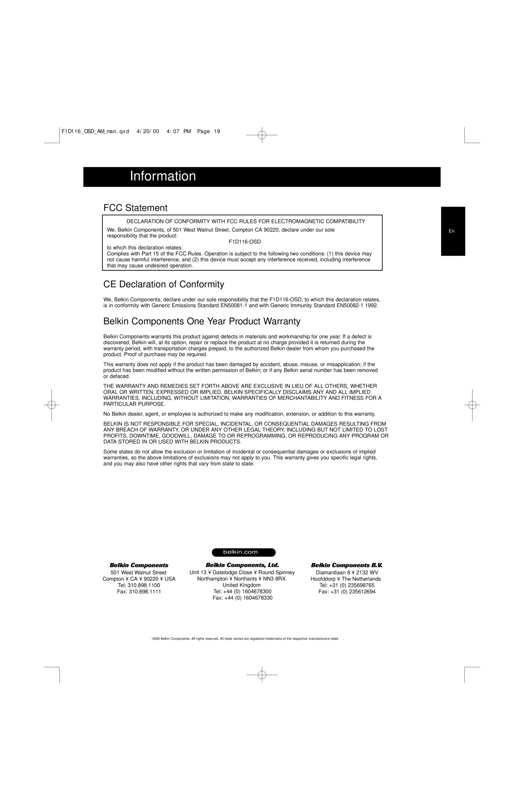 Belkin PRO manual Information, FCC Statement, CE Declaration of Conformity, Belkin Components One Year Product Warranty 