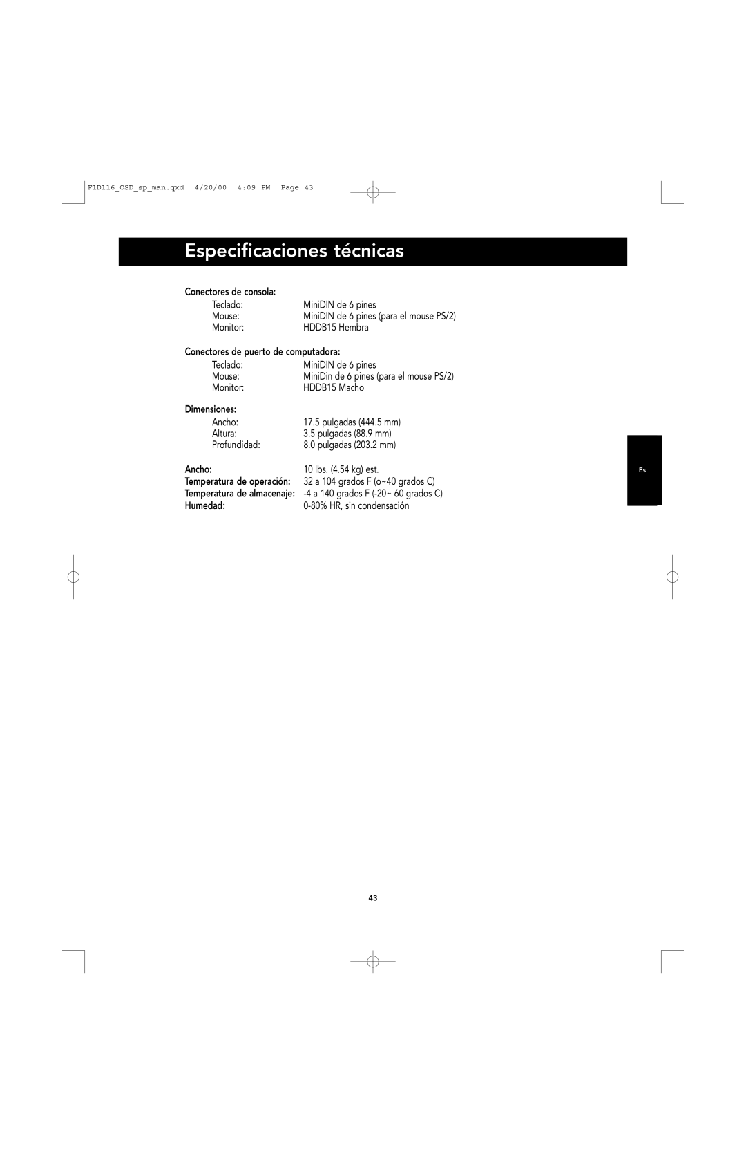 Belkin PRO manual Especificaciones técnicas 