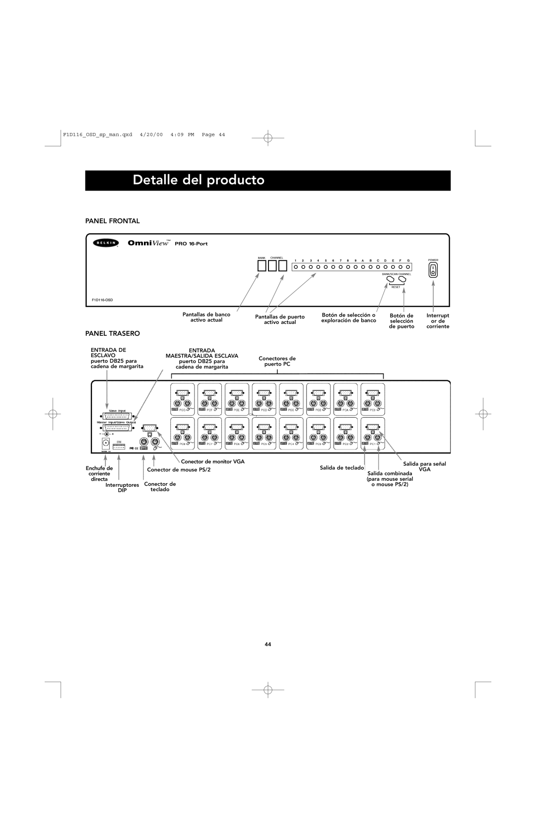 Belkin PRO manual Detalle del producto, Panel Frontal, Panel Trasero 