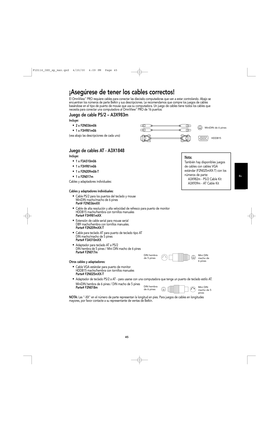 Belkin PRO manual Juego de cable PS/2 A3X983m, Juego de cables AT A3X1848 