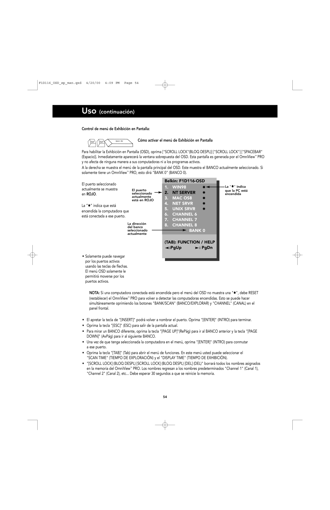 Belkin PRO manual El puerto seleccionado Belkin F1D116-OSD 