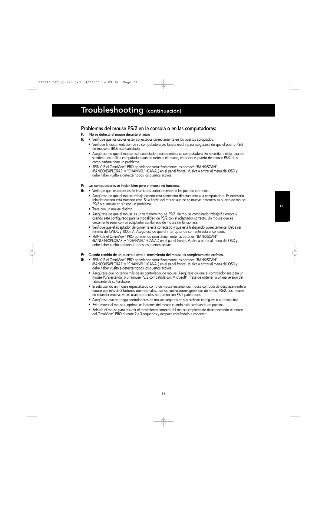 Belkin PRO manual Troubleshooting continuación, Problemas del mouse PS/2 en la consola o en las computadoras 