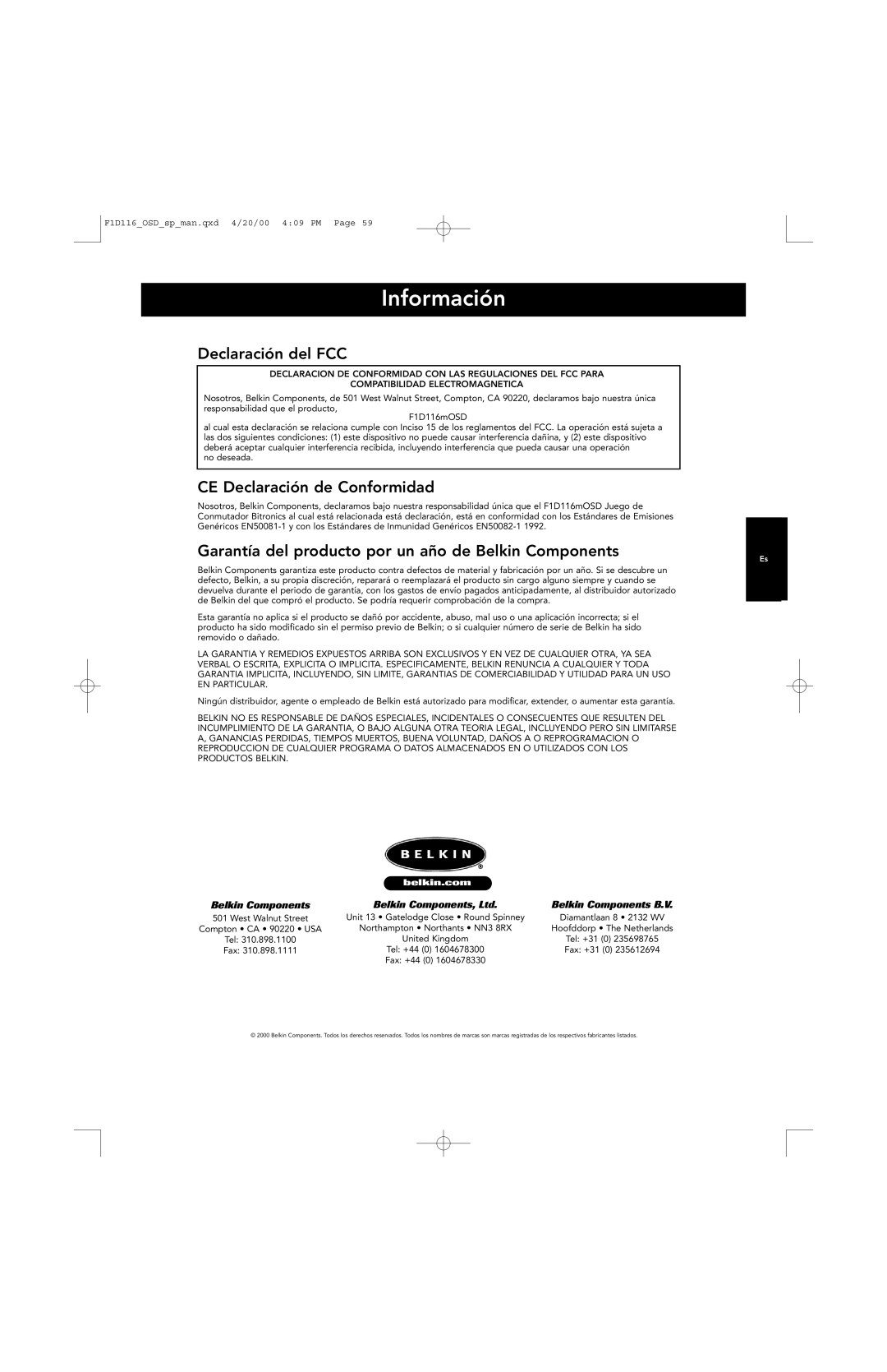 Belkin PRO manual Información, Declaración del FCC, CE Declaración de Conformidad 