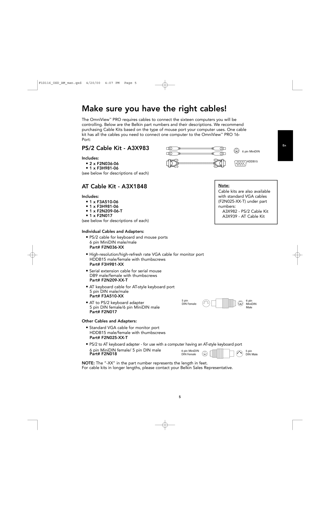 Belkin PRO manual PS/2 Cable Kit A3X983, AT Cable Kit A3X1848, Part# F2N018 