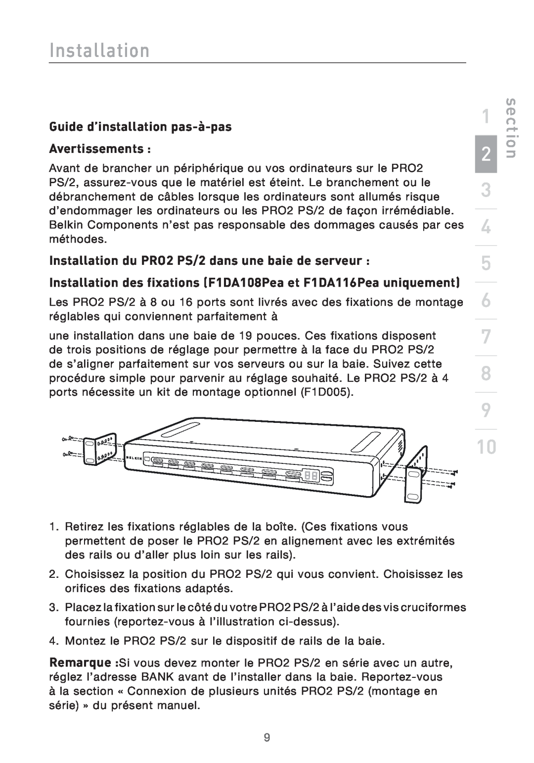 Belkin Guide d’installation pas-à-pas, Installation du PRO2 PS/2 dans une baie de serveur, section, Avertissements 
