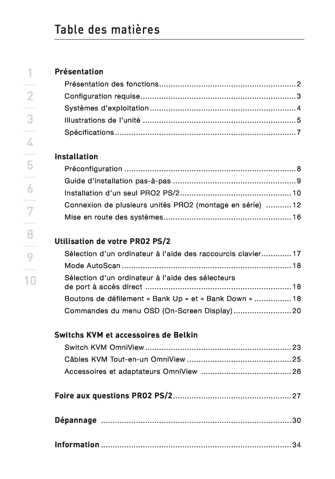 Belkin user manual Table des matières, Présentation, Installation, Utilisation de votre PRO2 PS/2 