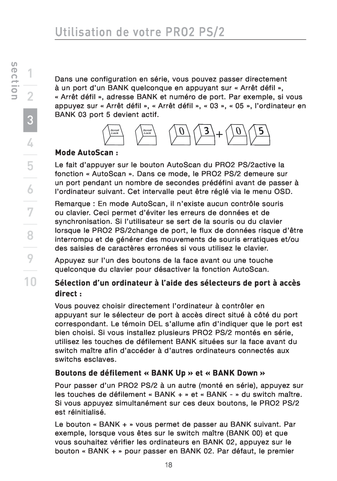 Belkin Mode AutoScan, Boutons de défilement « BANK Up » et « BANK Down », Utilisation de votre PRO2 PS/2, section 