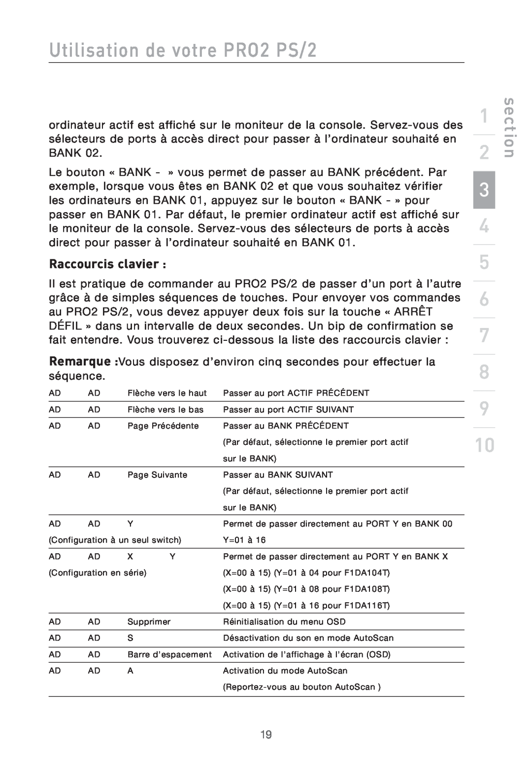 Belkin user manual Raccourcis clavier, Utilisation de votre PRO2 PS/2, section 