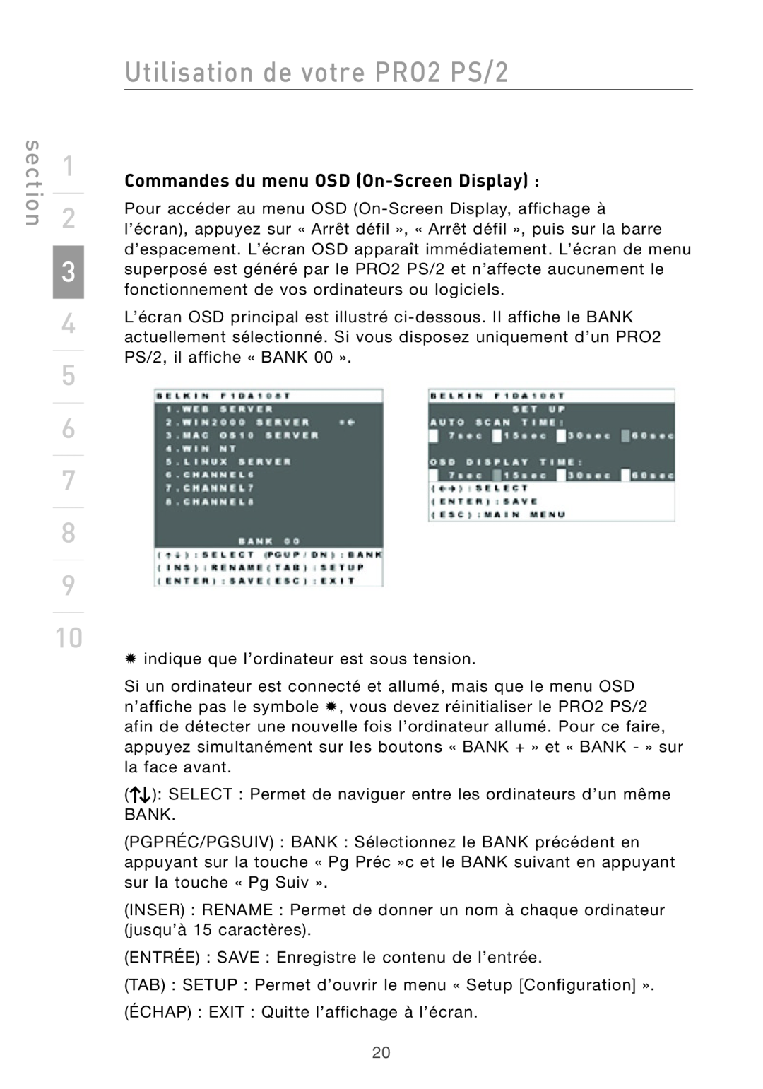 Belkin user manual Commandes du menu OSD On-Screen Display, Utilisation de votre PRO2 PS/2, section 