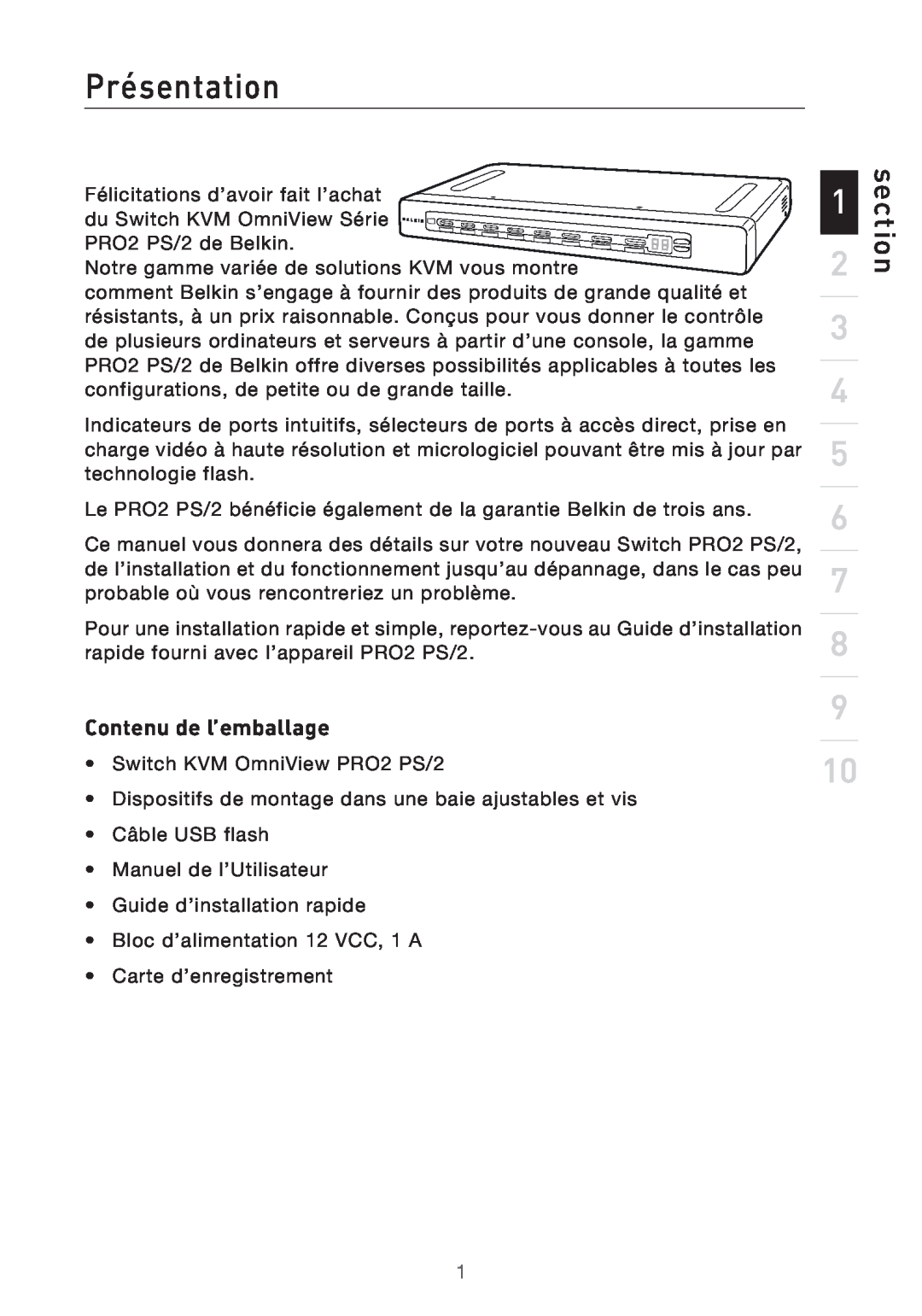 Belkin PRO2 PS/2 user manual Présentation, section, Contenu de l’emballage 