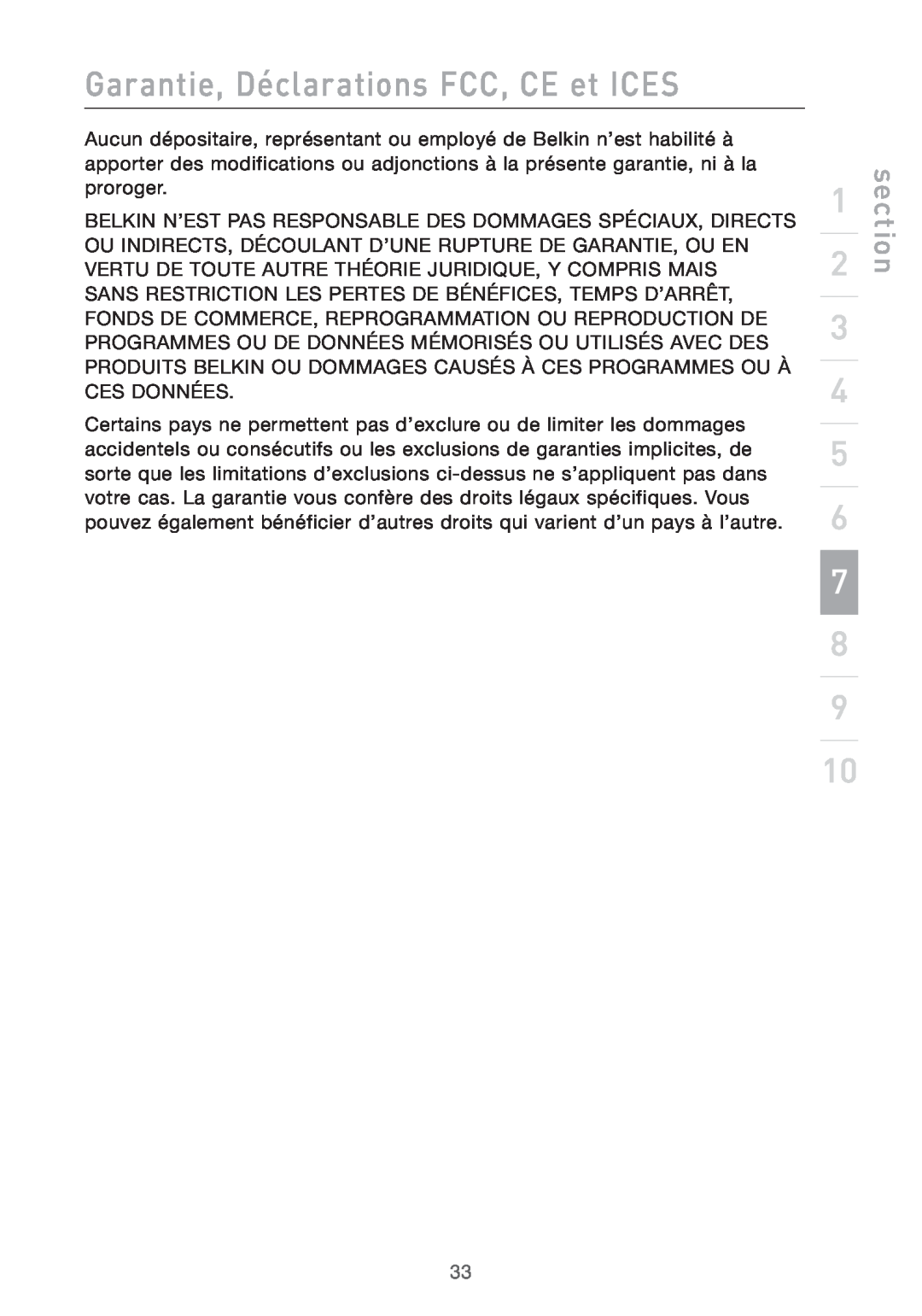 Belkin PRO2 PS/2 user manual Garantie, Déclarations FCC, CE et ICES, section 