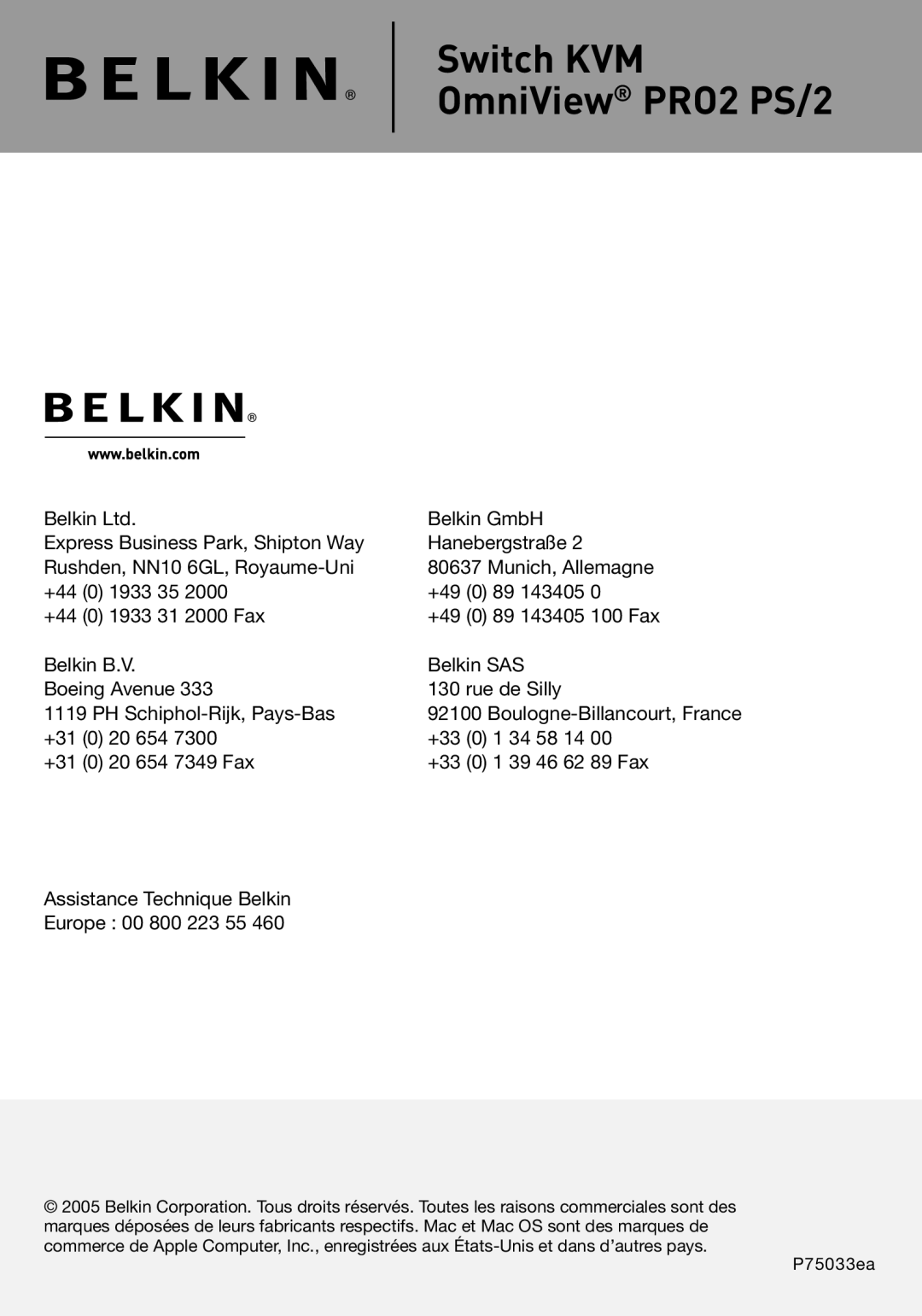 Belkin user manual Switch KVM OmniView PRO2 PS/2, Belkin GmbH 