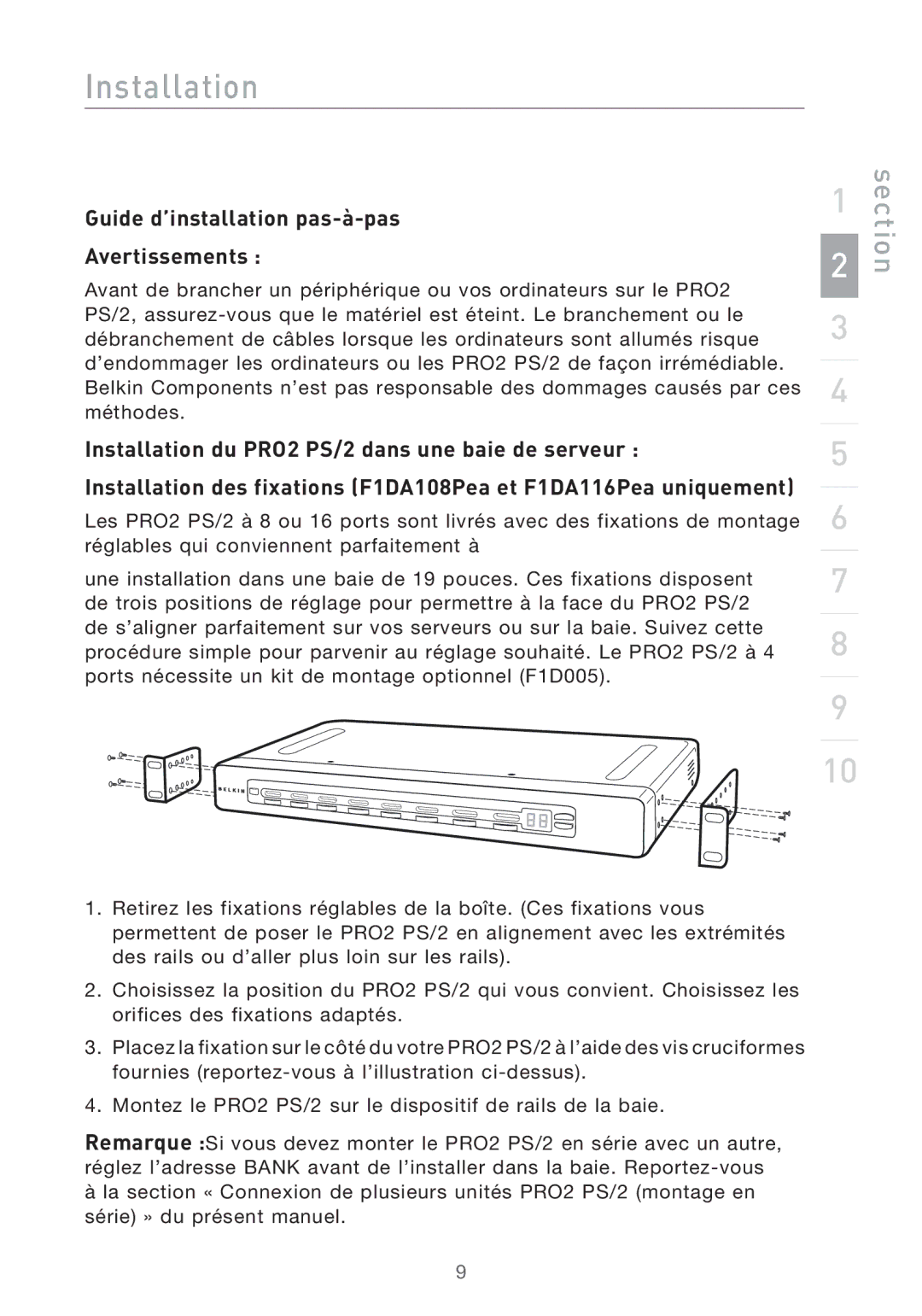 Belkin PRO2 PS/2 user manual Installation, Guide d’installation pas-à-pas Avertissements 