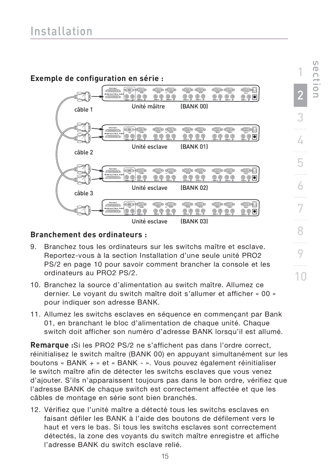 Belkin PRO2 PS/2 user manual Exemple de configuration en série, Branchement des ordinateurs 