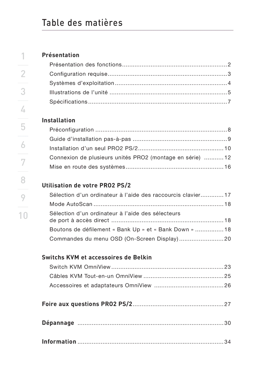 Belkin user manual Table des matières, Présentation, Installation, Utilisation de votre PRO2 PS/2 