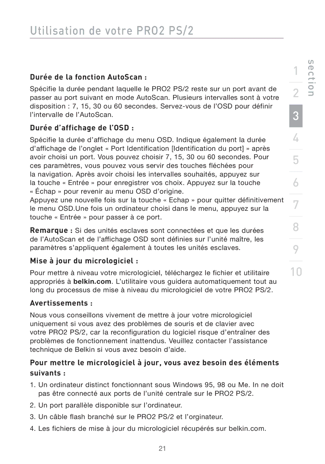 Belkin PRO2 PS/2 user manual Durée de la fonction AutoScan, Durée d’affichage de l’OSD, Mise à jour du micrologiciel 