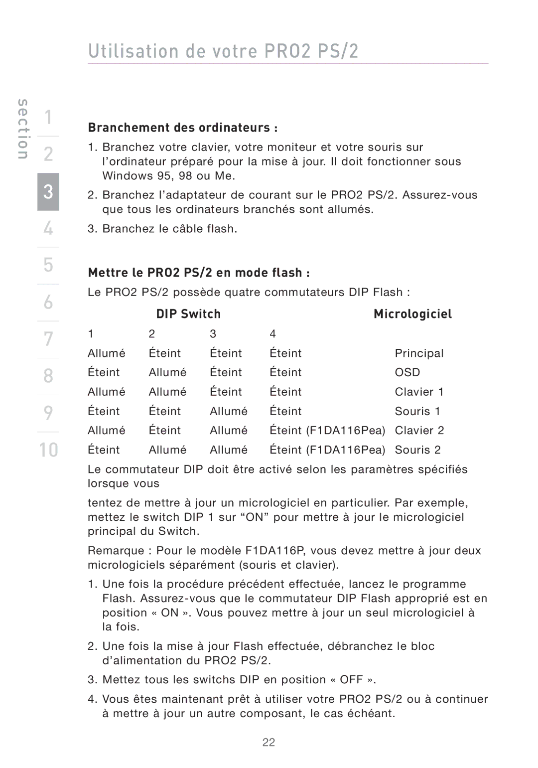 Belkin user manual Mettre le PRO2 PS/2 en mode flash, DIP Switch Micrologiciel 