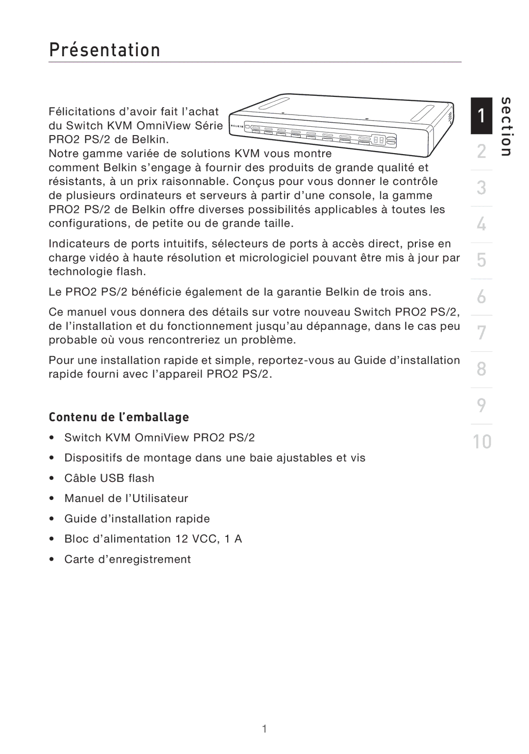 Belkin PRO2 PS/2 user manual Présentation, Contenu de l’emballage 