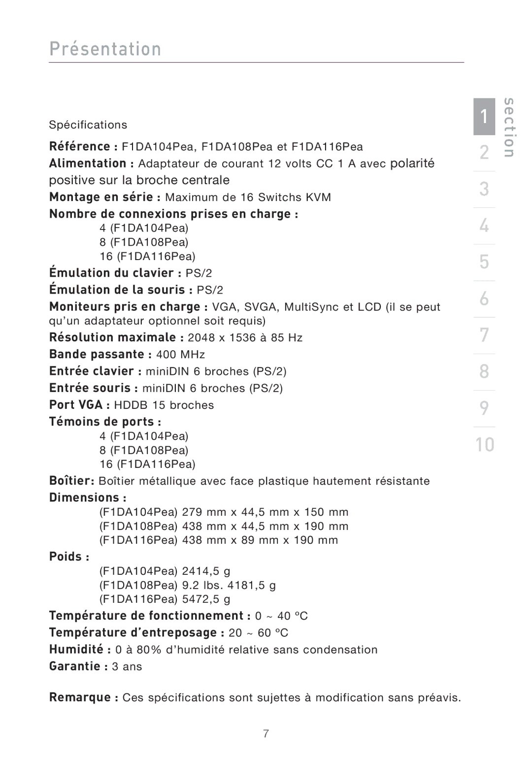 Belkin PRO2 PS/2 Nombre de connexions prises en charge, Émulation du clavier PS/2 Émulation de la souris PS/2, Dimensions 