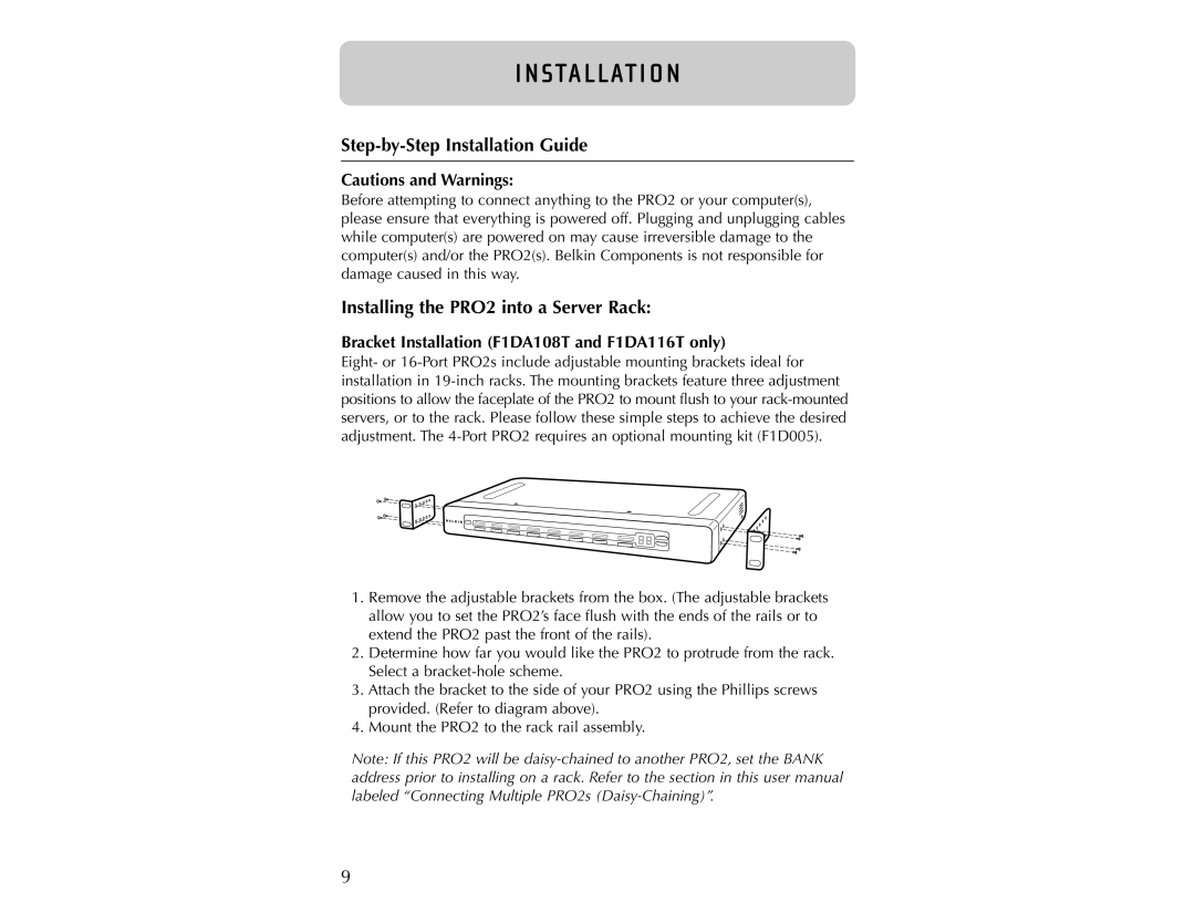 Belkin user manual Step-by-Step Installation Guide, Installing the PRO2 into a Server Rack, I N Sta L L At I O N 