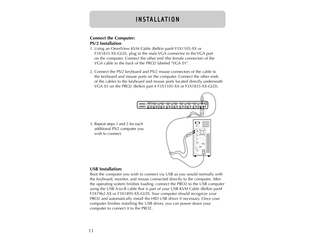 Belkin PRO2 user manual Connect the Computer PS/2 Installation, USB Installation, I N Sta L L At I O N 