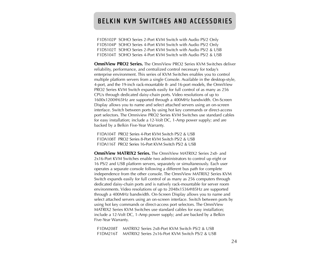 Belkin PRO2 user manual Belkin Kvm Switches And Accessories, Series 2x8-Port KVM Switch PS/2 & USB 