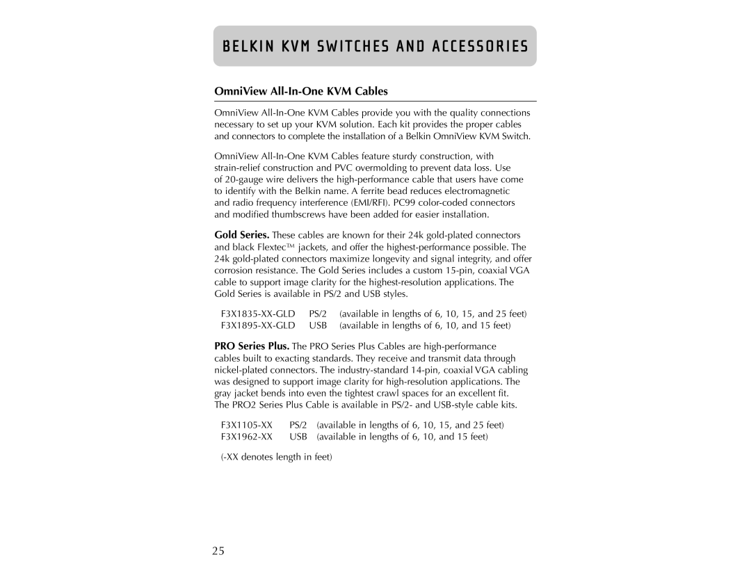 Belkin PRO2 user manual OmniView All-In-One KVM Cables, Belkin Kvm Switches And Accessories 