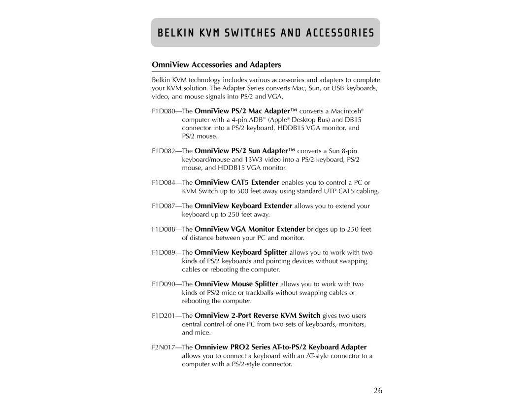 Belkin PRO2 user manual OmniView Accessories and Adapters, Belkin Kvm Switches And Accessories 