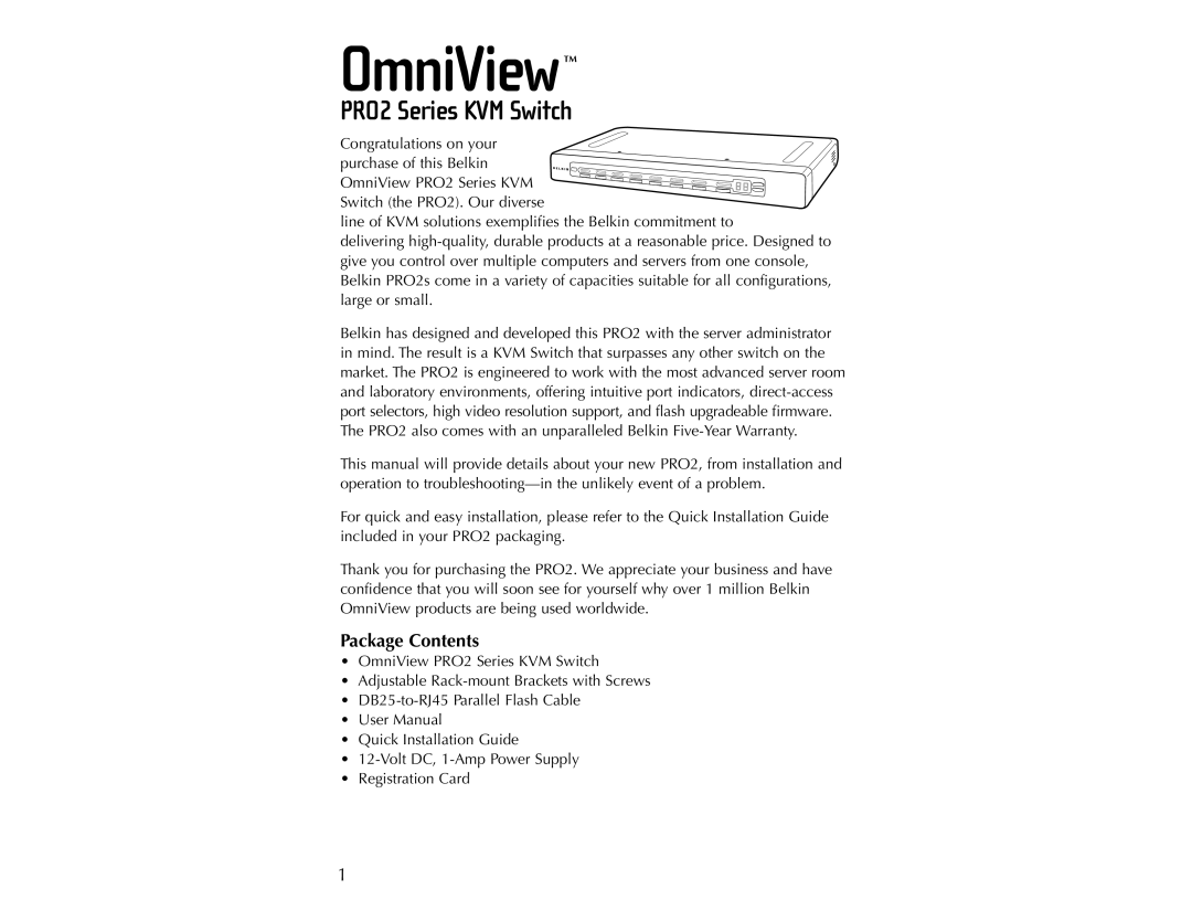 Belkin user manual Package Contents, OmniView, PRO2 Series KVM Switch 