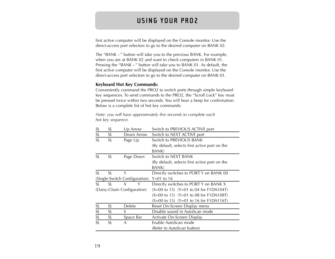 Belkin PRO2 user manual Keyboard Hot Key Commands 