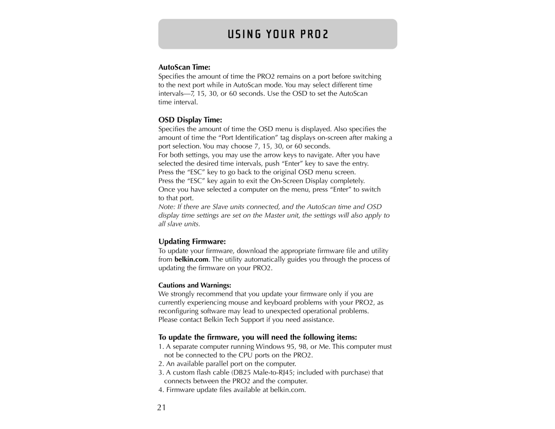 Belkin PRO2 AutoScan Time, OSD Display Time, Updating Firmware, To update the firmware, you will need the following items 