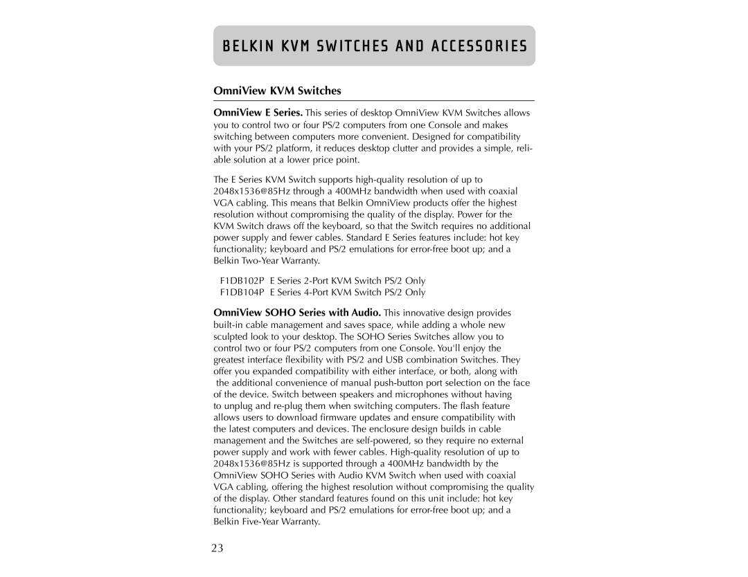 Belkin PRO2 user manual Belkin KVM Switches and Accessories, OmniView KVM Switches 