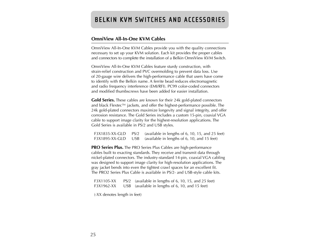 Belkin PRO2 user manual OmniView All-In-One KVM Cables, Usb 