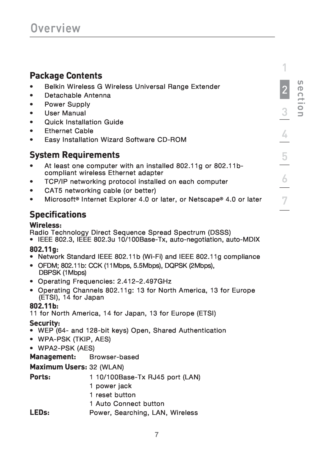 Belkin Range Extender/ Access Point Package Contents, System Requirements, Specifications, Wireless, 802.11g, 802.11b 