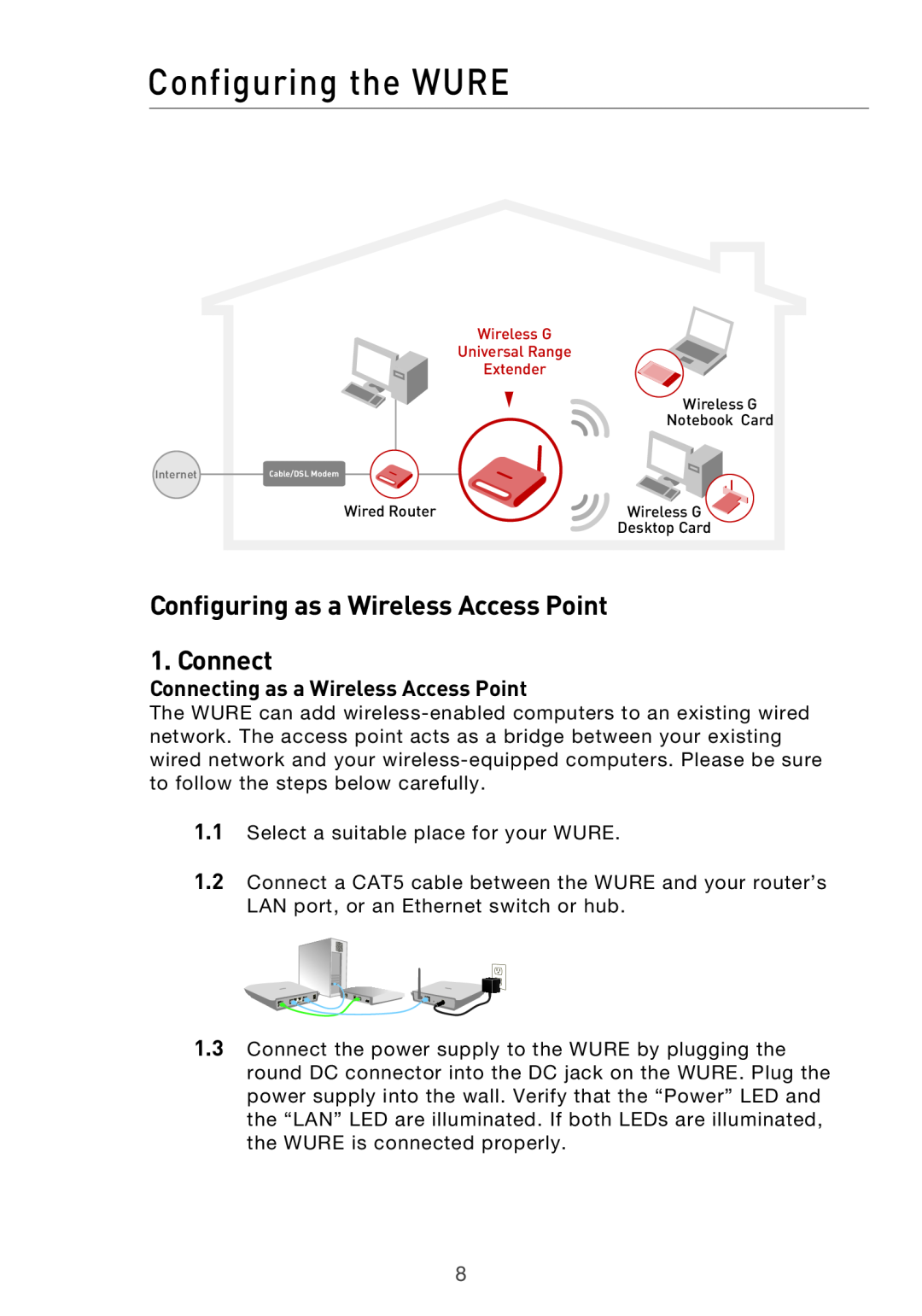 Belkin Range Extender/ Access Point manual Configuring the WURE, Configuring as a Wireless Access Point 1. Connect 