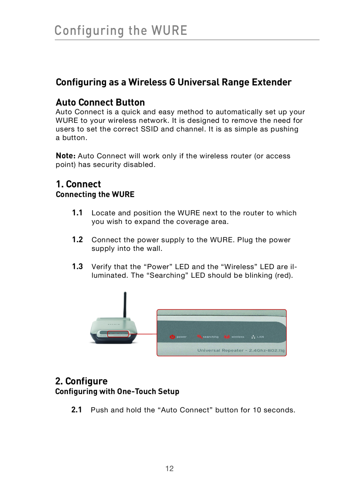 Belkin Range Extender/ Access Point Configuring as a Wireless G Universal Range Extender, Auto Connect Button, Configure 