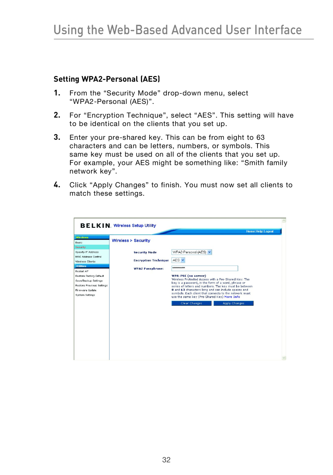 Belkin Range Extender/ Access Point manual Setting WPA2-Personal AES, Using the Web-Based Advanced User Interface 
