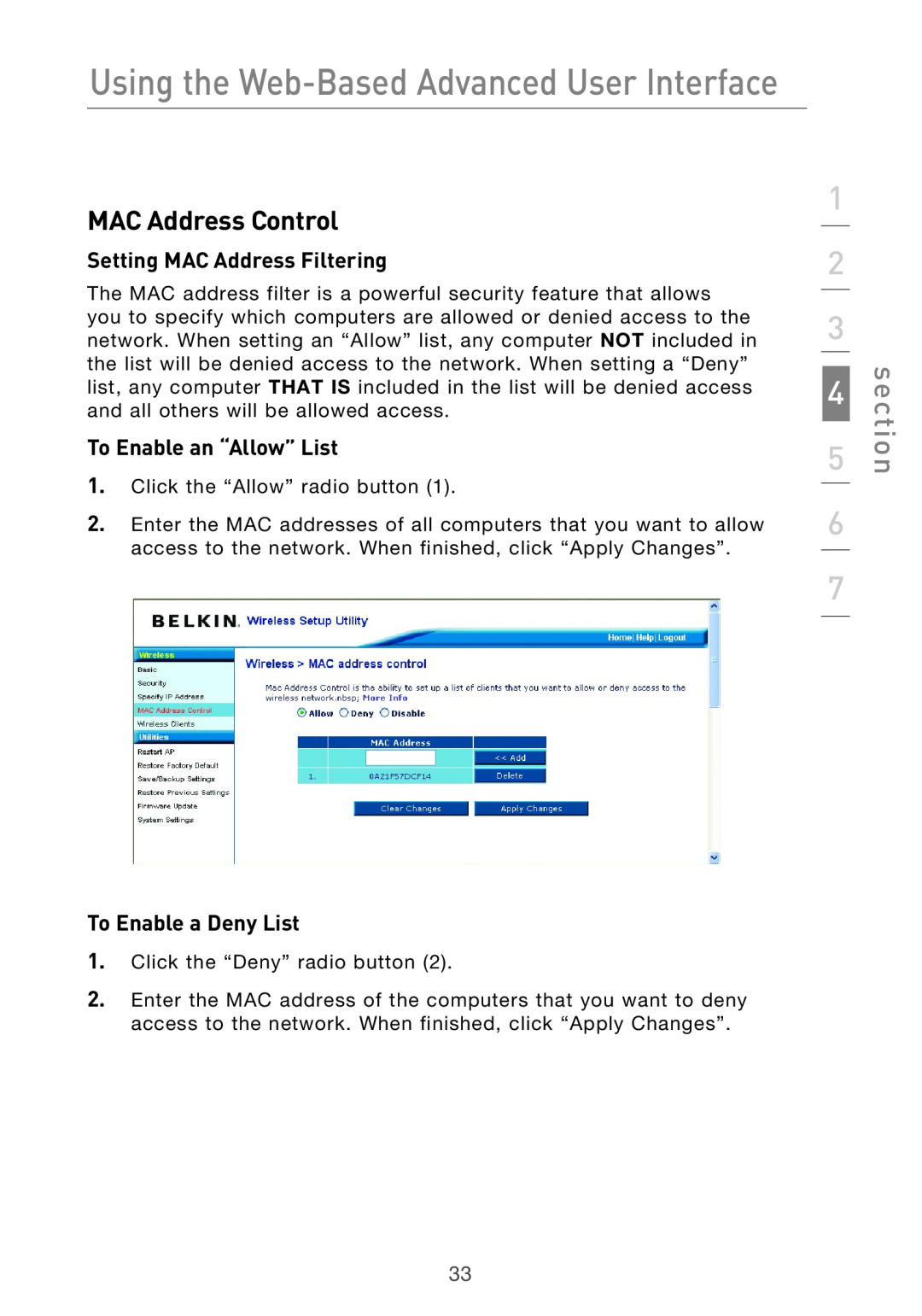 Belkin Range Extender/ Access Point MAC Address Control, Setting MAC Address Filtering, To Enable an “Allow” List, section 
