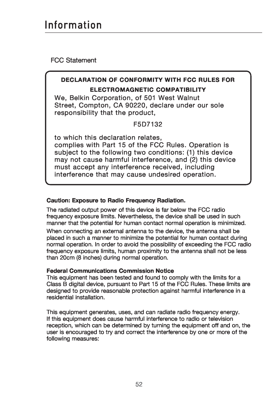 Belkin Range Extender/ Access Point manual Information, FCC Statement, F5D7132 to which this declaration relates 