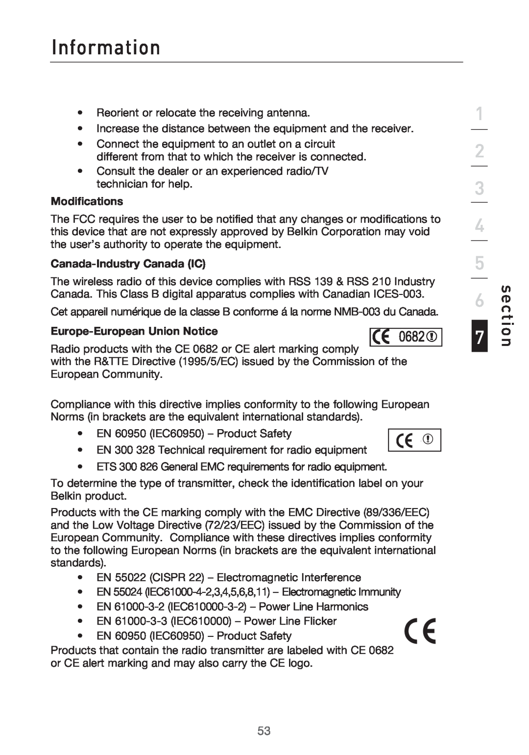 Belkin Range Extender/ Access Point Modifications, Canada-Industry Canada IC, Europe-European Union Notice, Information 