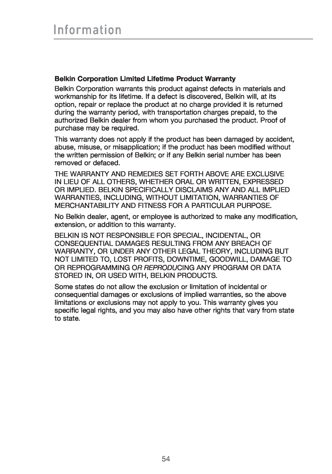 Belkin Range Extender/ Access Point manual Information, Belkin Corporation Limited Lifetime Product Warranty 