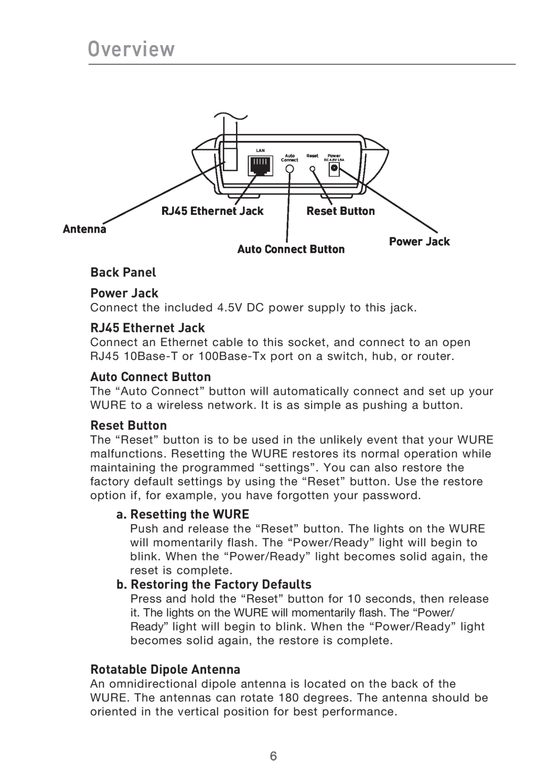 Belkin Range Extender/ Access Point Overview, Back Panel Power Jack, RJ45 Ethernet Jack, Auto Connect Button, Reset Button 