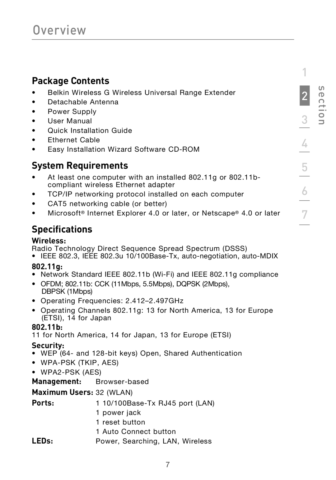 Belkin Range Extender/ Access Point manual Package Contents, System Requirements, Specifications 